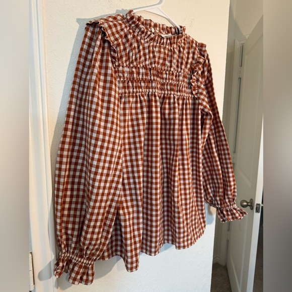 Haptics by Holly Harper Gingham Top Rust Autumn Smocking Adorable Size Small - Picture 2 of 9
